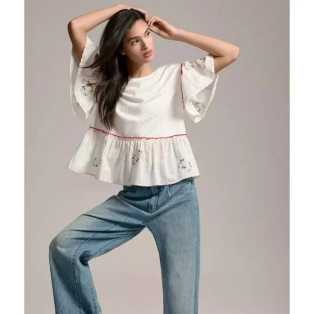 Anthropologie white peplum embroidered top Sz XS